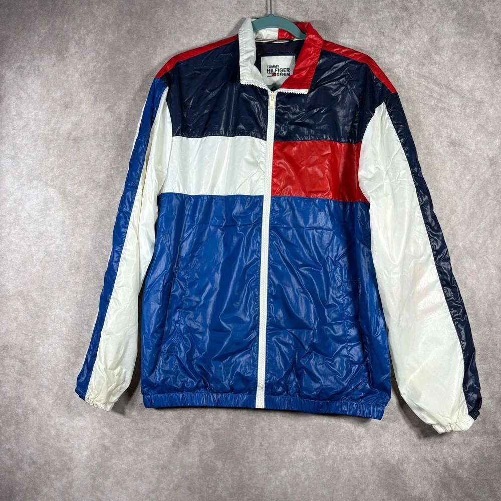 Tommy Hilfiger Denim Windbreaker Jacket Mens M Blue White Red Colorblock Y2K